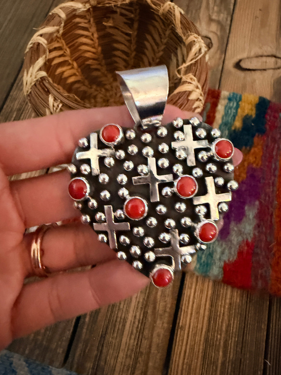 Handcrafted Coral & Sterling Silver Heart Cross Pendant by Geneva Apachito Nizhoni Traders LLC