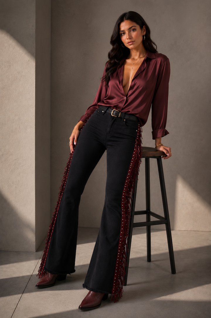 Burgundy Texas Sun Black Denim Bell Bottom Jeans GJG DENIM