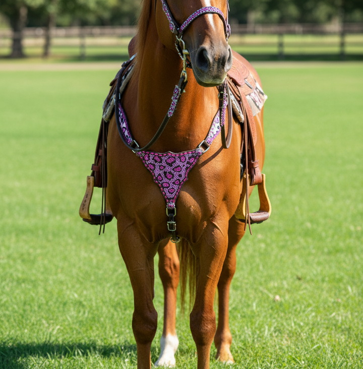 Catty Cowgirl Crystal Breast Collar & Headstall Leather Tack Set