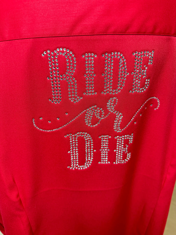 Ride Or Die Rhinestone Cotton Blend Button Up Rodeo Shirt -Red Neon Spur