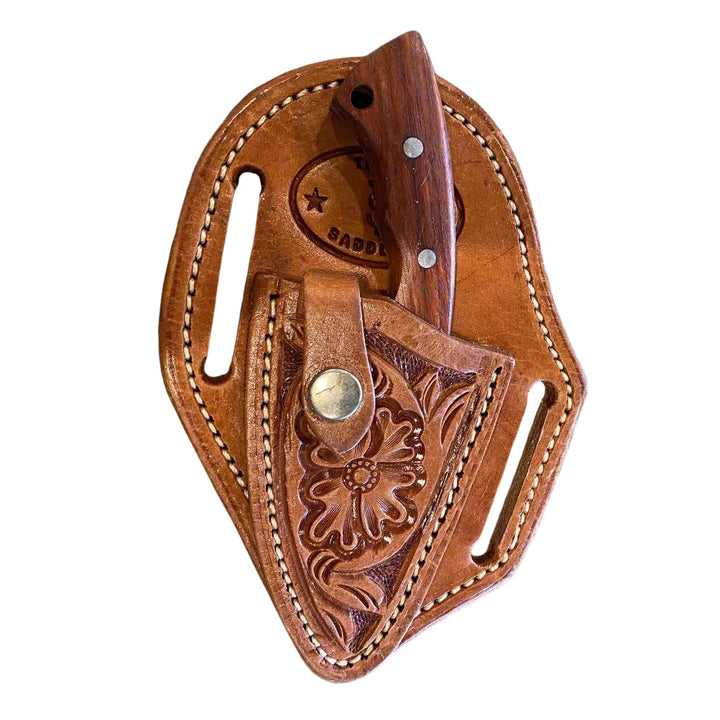Tan Floral Tooled Leather Knife Sheath with Knife
