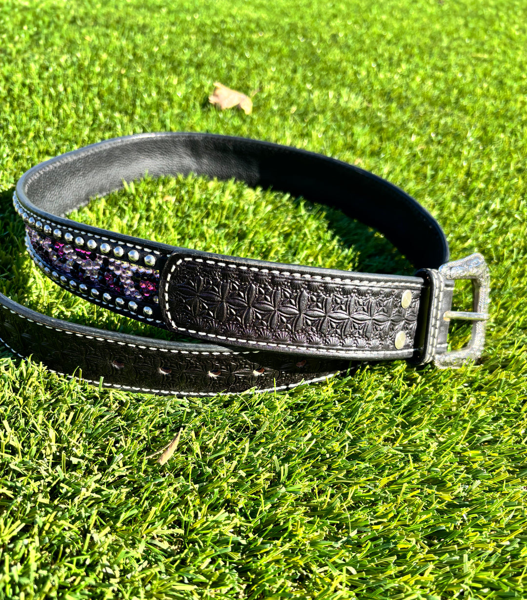 Catty Cowgirl Crystal Tooled Leather Belt