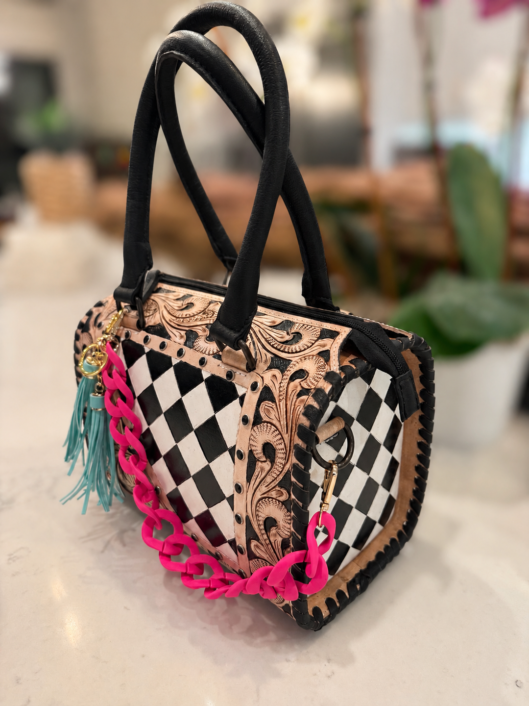 The Neon Rodeo Tooled Leather Checkered Speedy Handbag Neon Spur