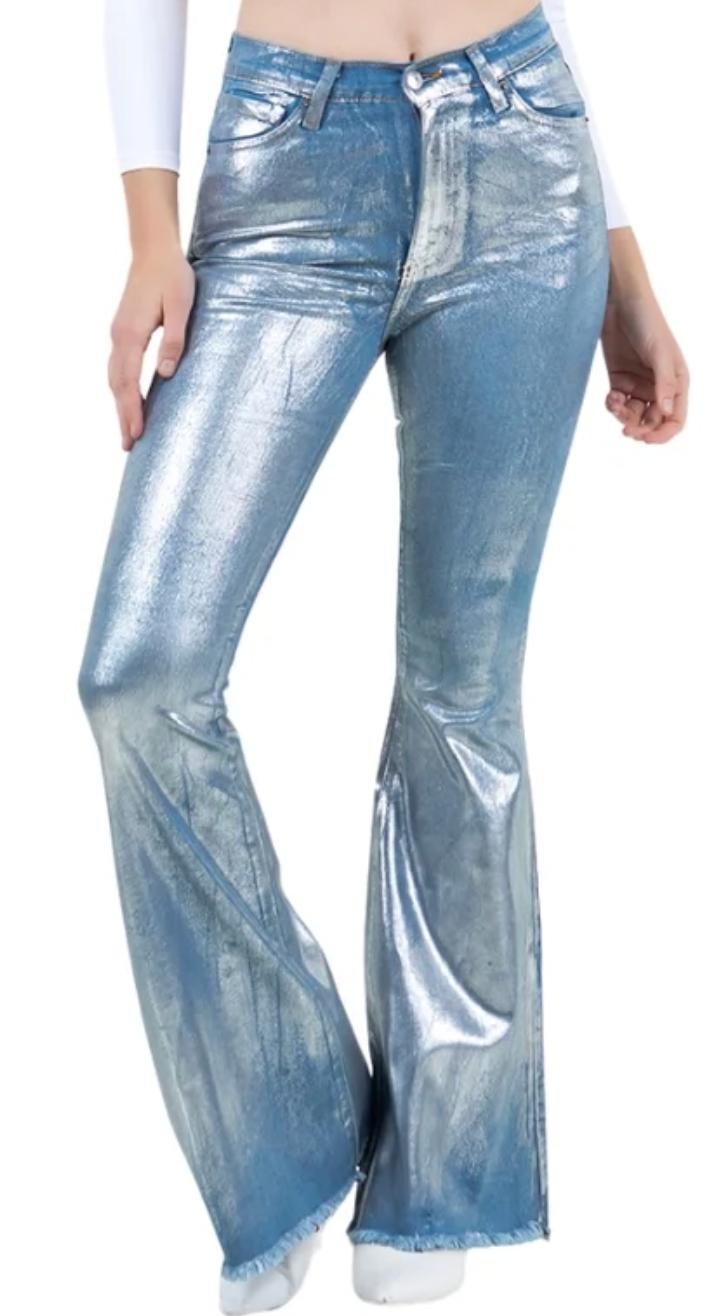 Silver Metallic Bell Bottom Blue Jeans GJG DENIM