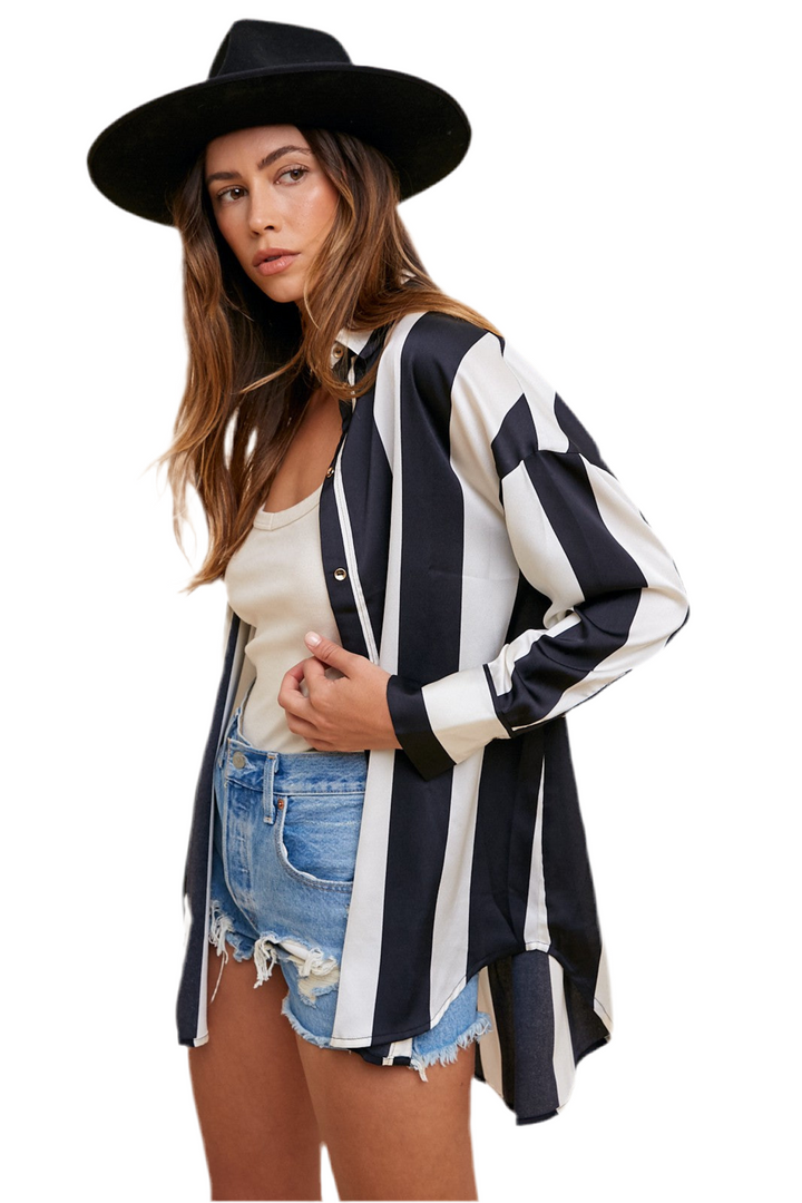 Annie Striped Dropped Shoulder Button-Up Shirt