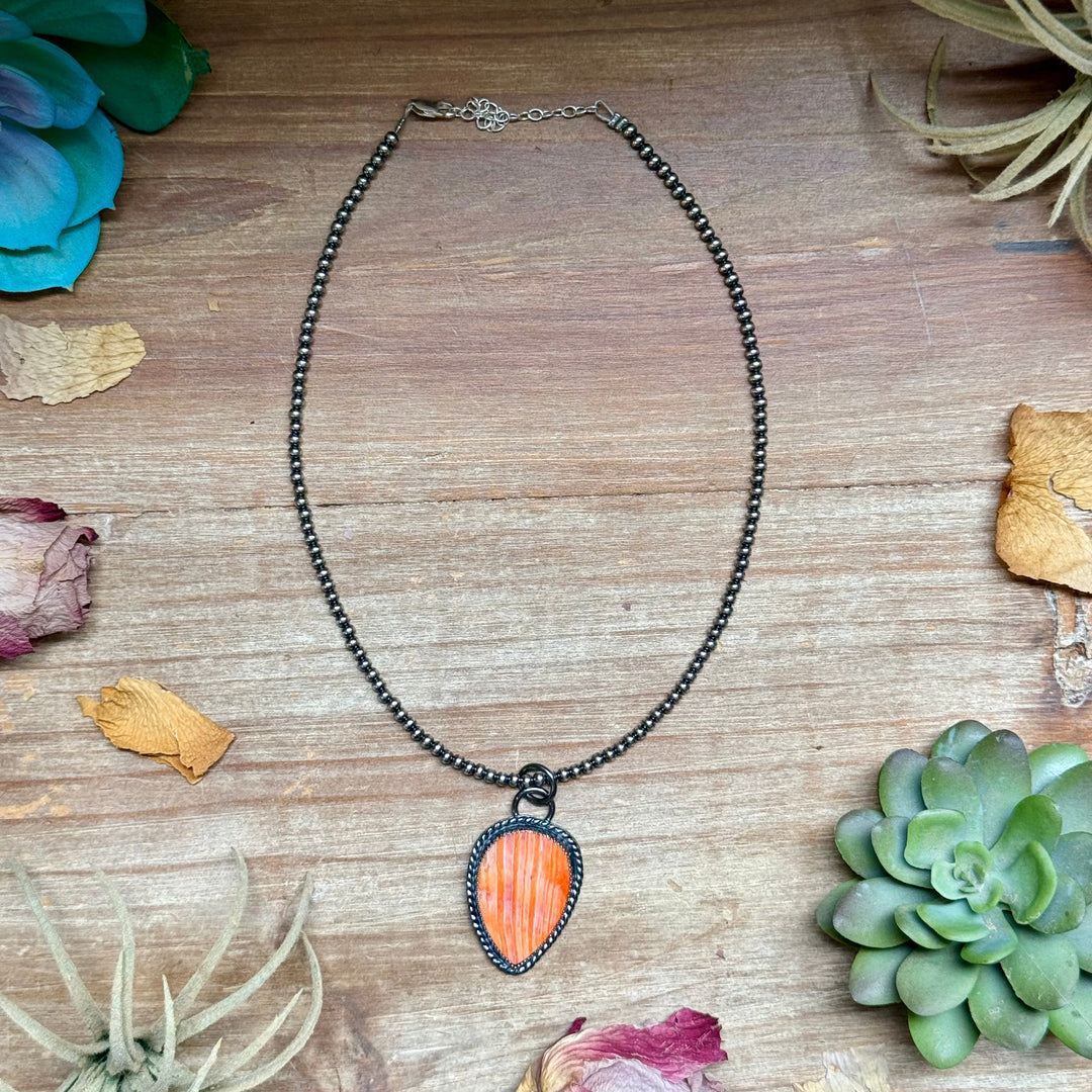 Sterling Silver Necklace + MJ Orange Spiny Oyster Teardrop Charm The Bijoux FAB Jewelry