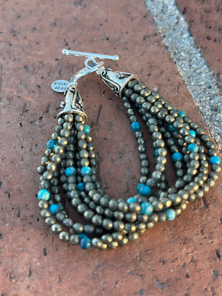 Paige Wallace Handmade Pyrite, Turquoise & Sterling Silver Beaded 8 Strand Bracelet