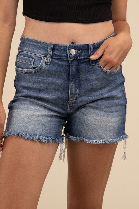 Zenana Mid-Rise Raw Frayed Hem Denim Shorts