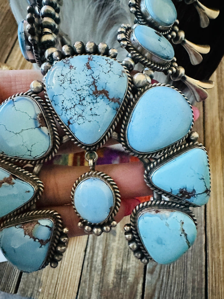 Handcrafted Golden Hills Turquoise & Sterling Silver Squash Blossom Necklace and Earring Set by Mary Ann Spencer