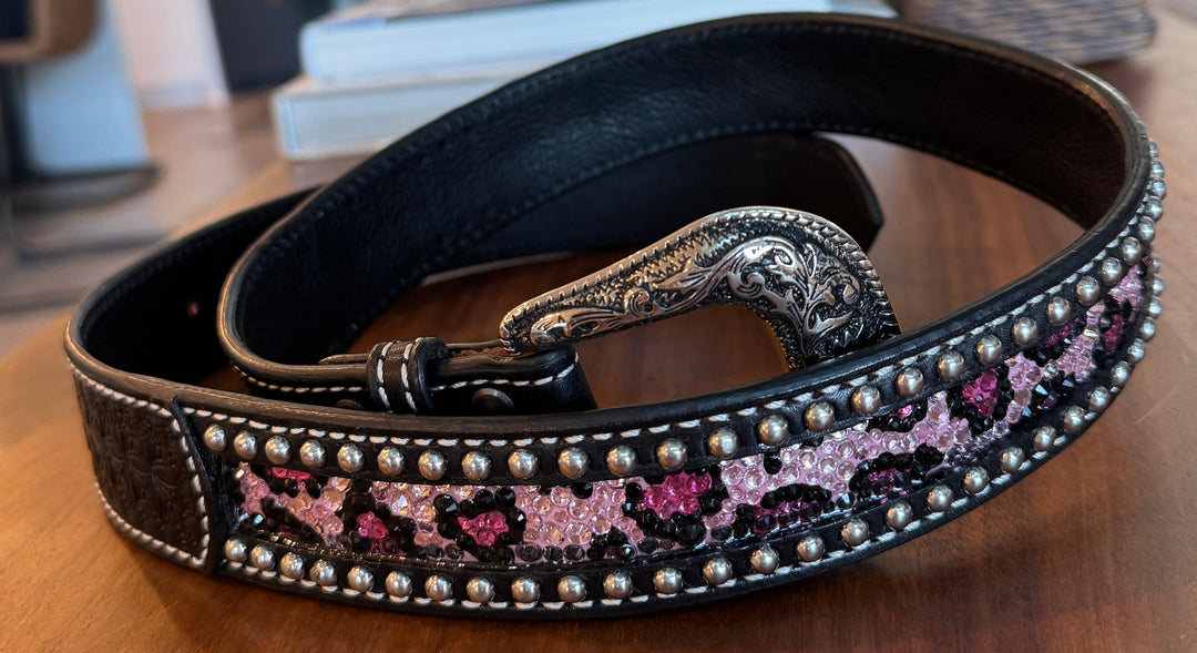 Catty Cowgirl Crystal Tooled Leather Belt