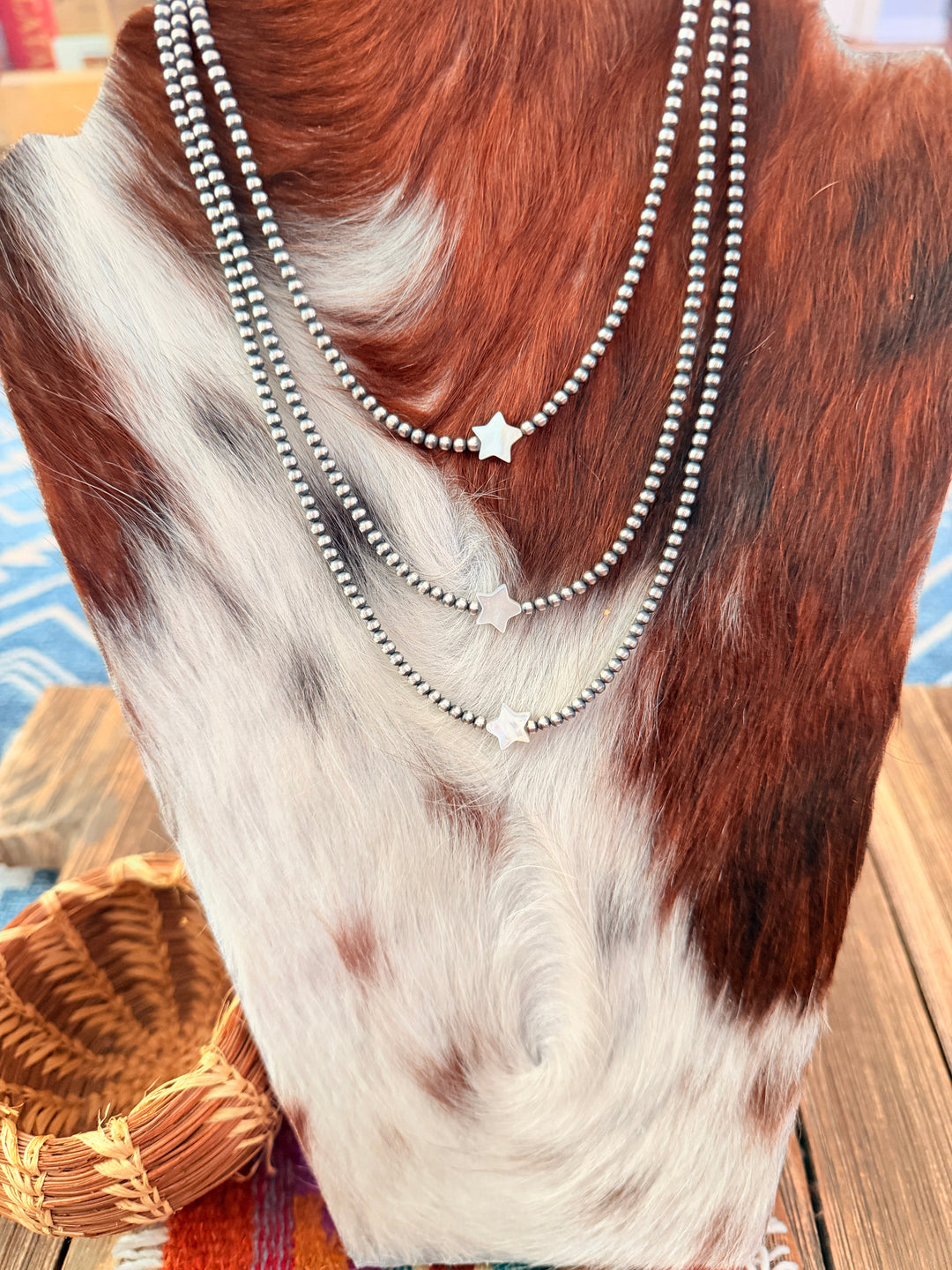 Handcrafted Mother of Pearl and Sterling Silver Pearl Star Beaded Necklace Nizhoni Traders LLC
