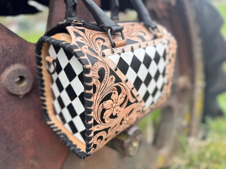 Tooled Leather Western Black and White Checkered Speedy Bag Double B Wild Rags