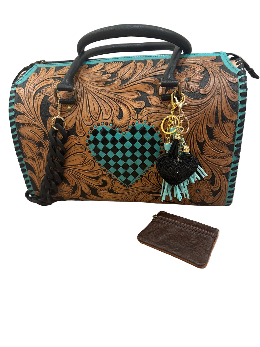 Tooled Leather Turquoise Black Checkered Heart Speedy Bag Neon Spur