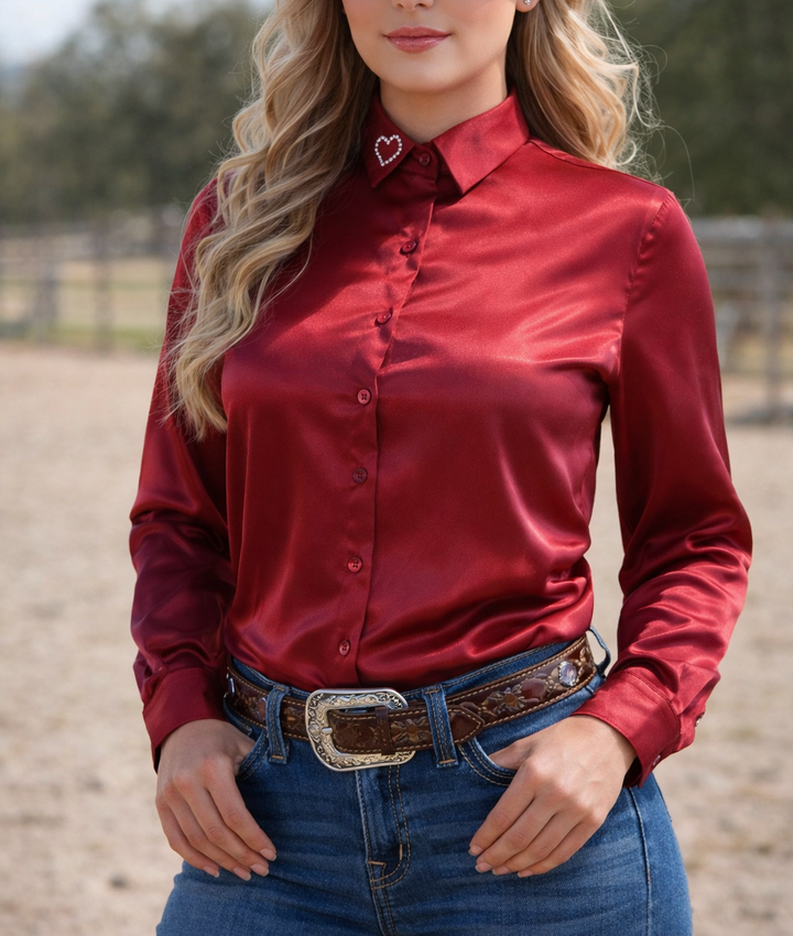 Scarlet Crystal Heart Satin Button Up Rodeo Shirt