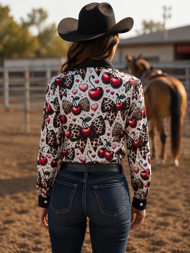 Cherry Bomb Stain Resistant Button Up Rodeo Shirt Blouse Neon Spur