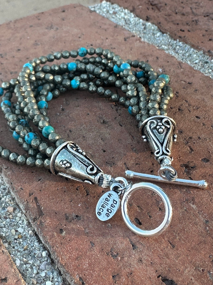 Paige Wallace Handmade Pyrite, Turquoise & Sterling Silver Beaded 8 Strand Bracelet