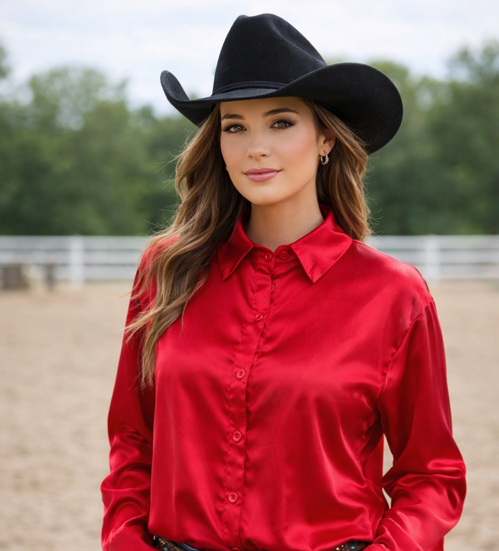 Neon Spur Embroidered Logo Satin Button Up Rodeo Shirt -Red