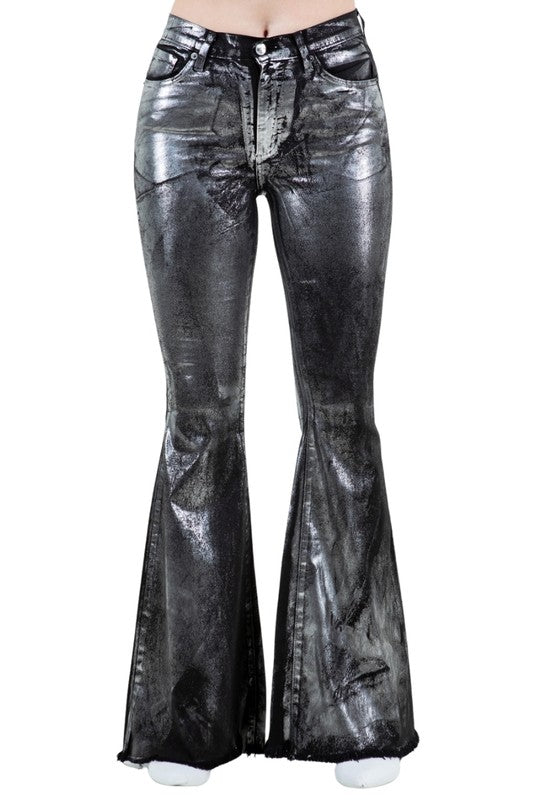 High Rise Metallic Black Bell Bottom Jean -32" Inseam