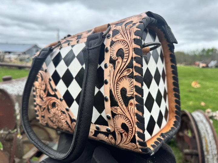 Tooled Leather Western Black and White Checkered Speedy Bag Double B Wild Rags