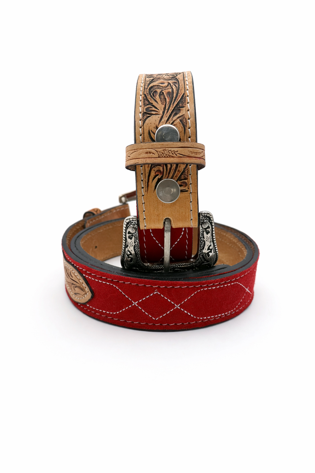 Western Stitch Genuine Suede & Hand Tooled Leather Belt -Red Neon Spur