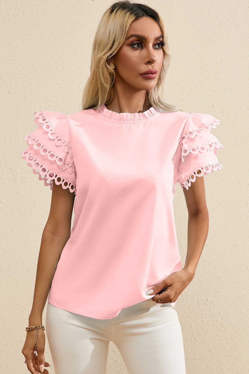 Ruffled Eyelet High Neck Cap Sleeve Blouse