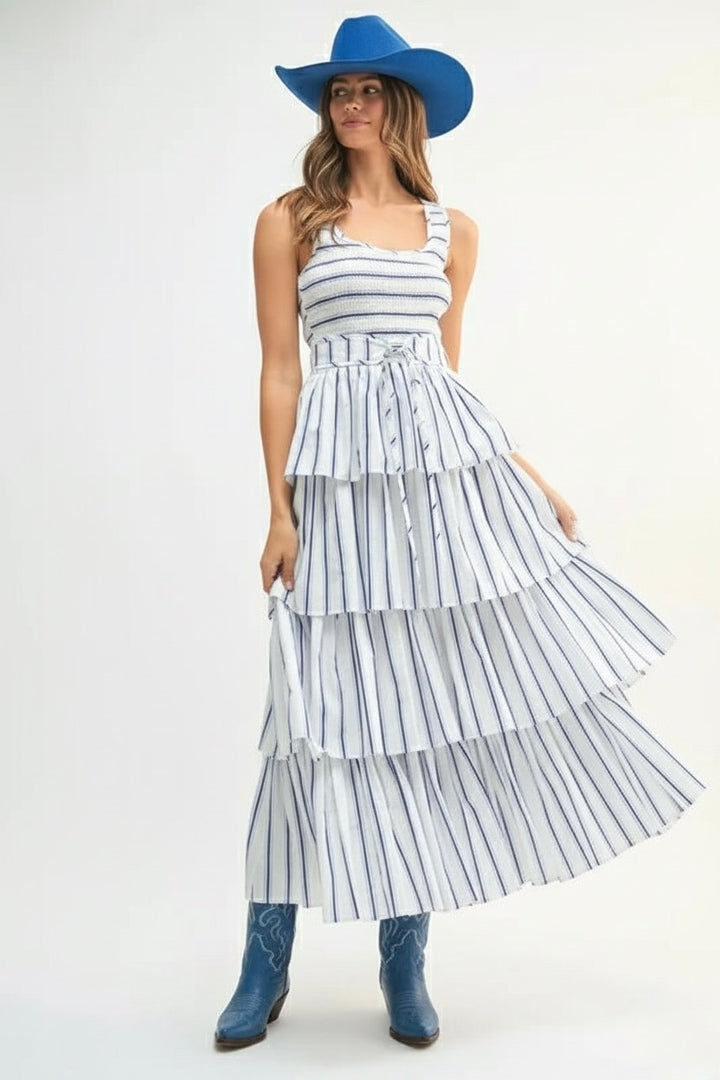 Mable Pin Stripe Smocked Bodice Layered Midi Dress