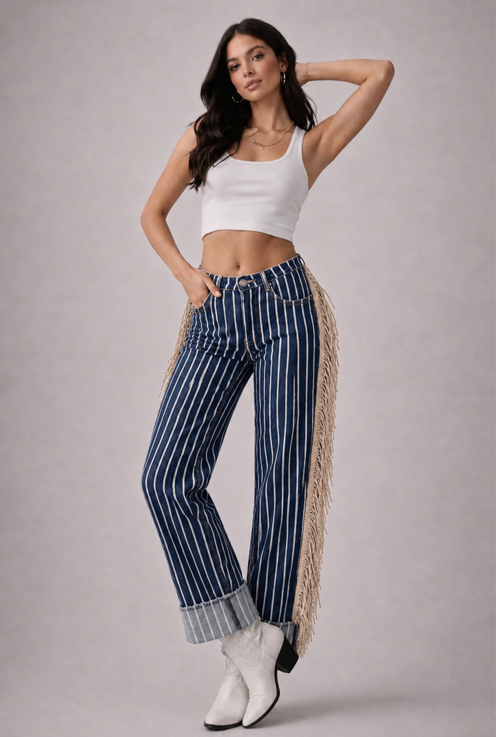 Desert Drifter Striped Wide Leg Cuffed Fringe Denim Jeans Neon Spur