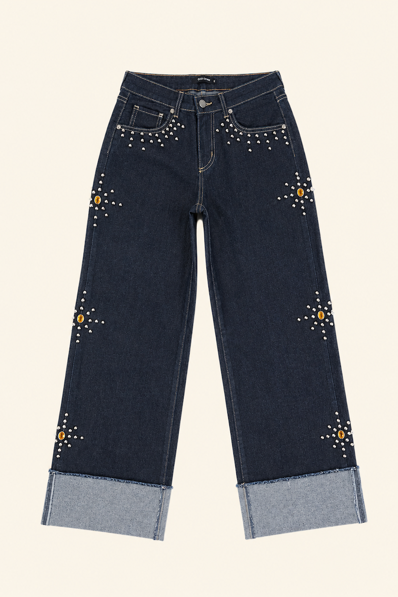 Mesa Studded Wide Leg Cuffed Jeans GJG DENIM