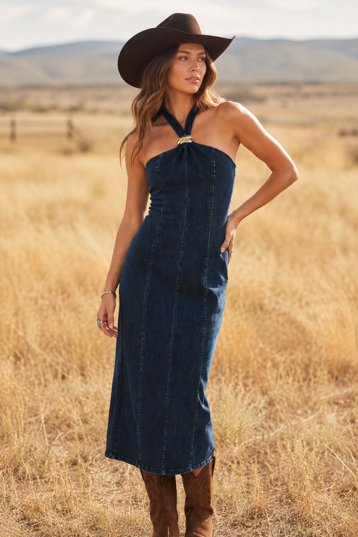 Statement Denim Midi Dress Flying Tomato