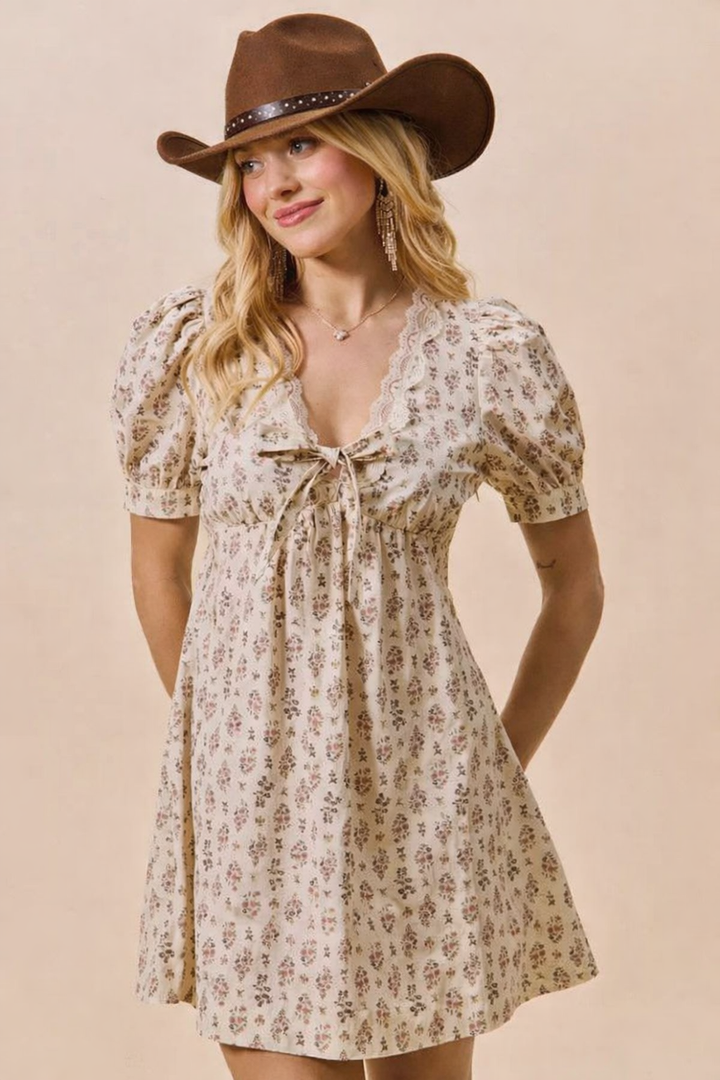 Floral Print Lace Trim Short Sleeve Mini Dress