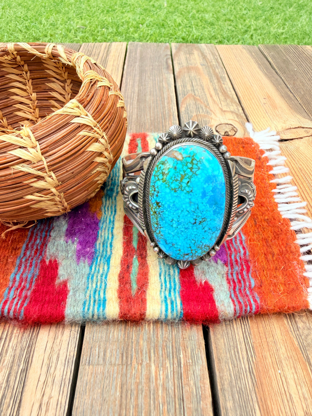 Handcrafted Kingman Web Turquoise & Sterling Silver Cuff Bracelet By Aaron Toadlena