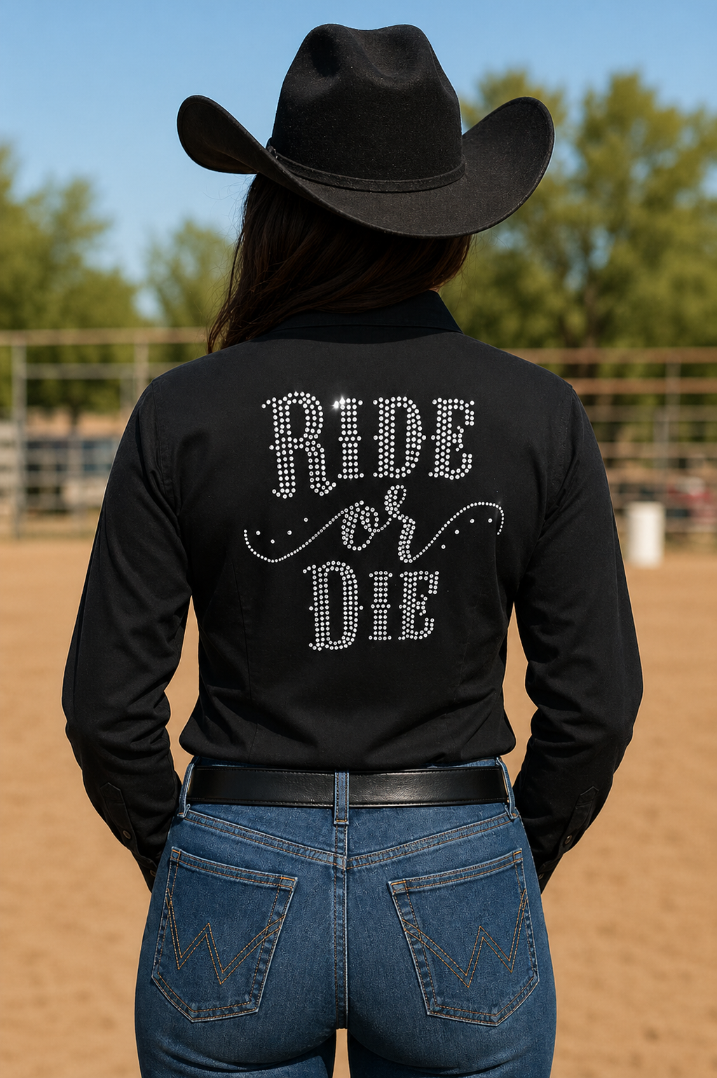 Ride Or Die Rhinestone 4 Way Stretch Button Up Rodeo Shirt -Black Neon Spur