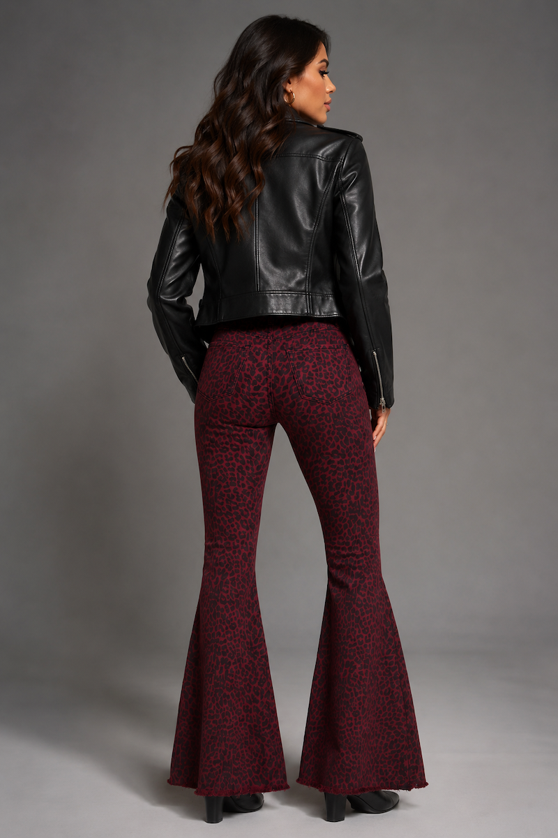 Burgundy Leopard Print Bell Bottom Jeans GJG DENIM