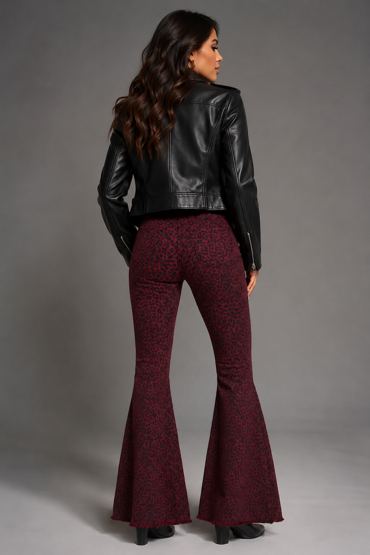 Burgundy Leopard Print Bell Bottom Jeans GJG DENIM
