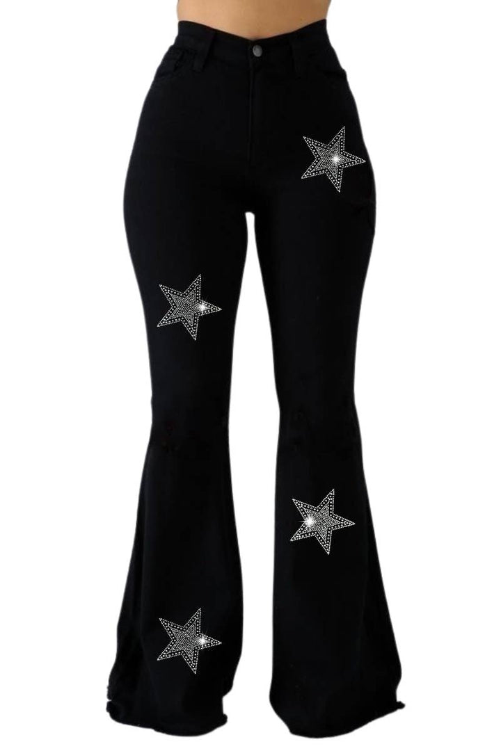 Black Denim Star Rhinestone Bell Bottom Jeans -32” Inseam GJG Denim