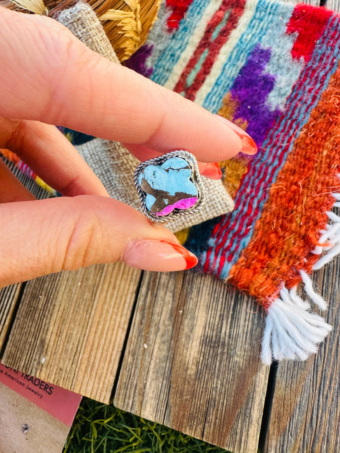 Handcrafted Sterling Silver & Cotton Candy Turquoise Adjustable Ring Nizhoni Traders LLC
