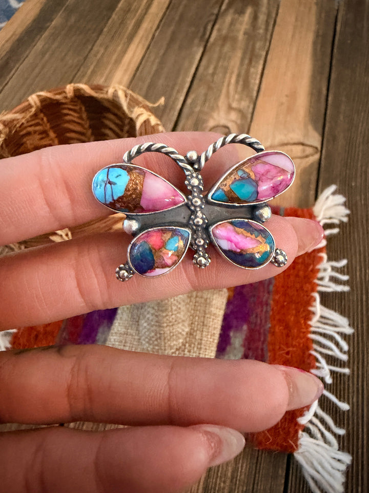 Handcrafted Pink Dream Mojave & Sterling Silver Adjustable Butterfly Ring Nizhoni Traders LLC