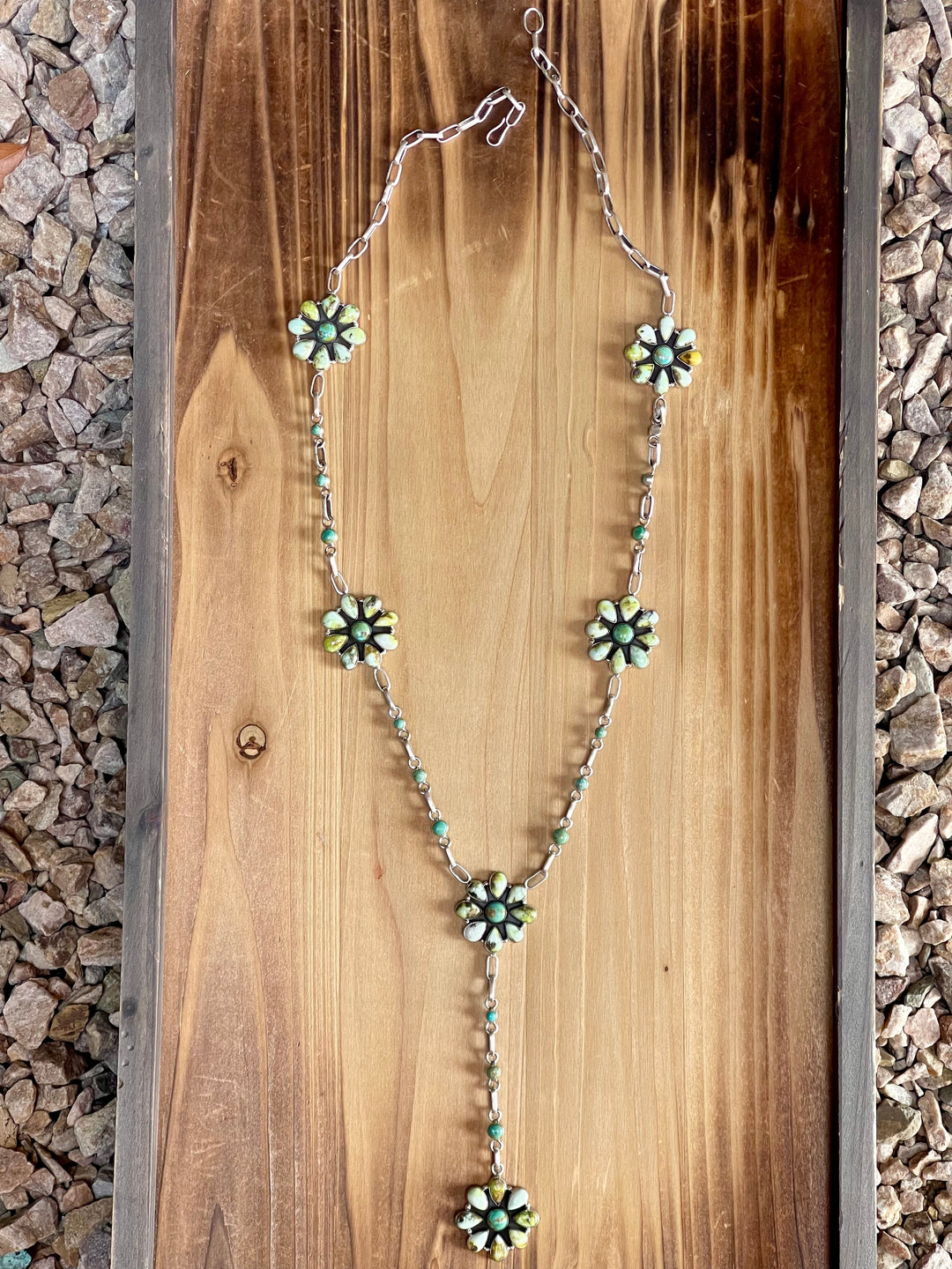 Handmade Sterling Silver & Palomino And Kingman Turquoise Cluster Lariat Necklace