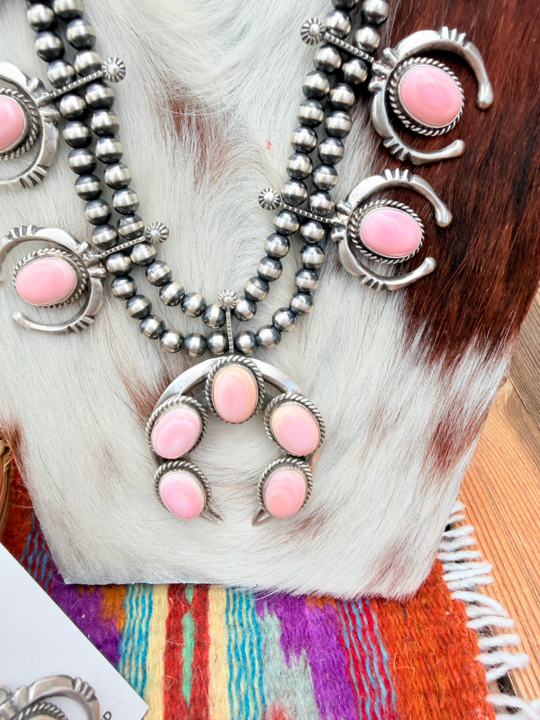 Handcrafted Sterling Silver & Queen Pink Conch Squash Blossom Necklace Set Nizhoni Traders LLC