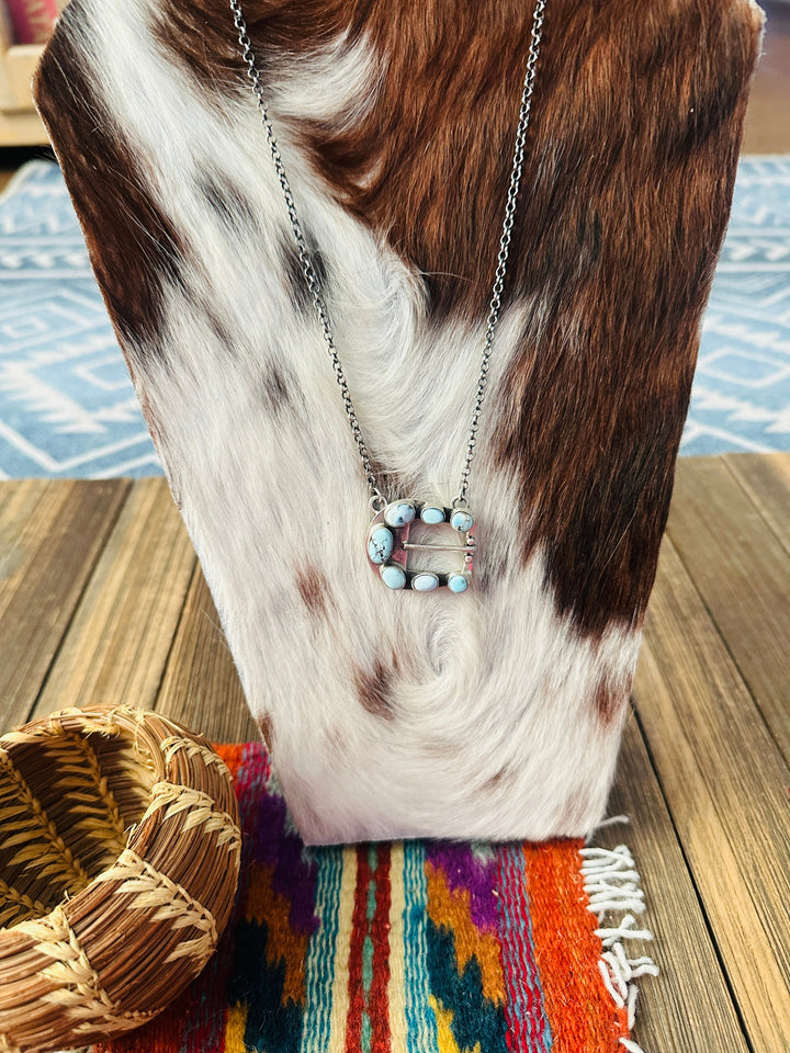 Handcrafted Golden Hills Turquoise & Sterling Silver Belt Buckle Necklace by Russell Sam