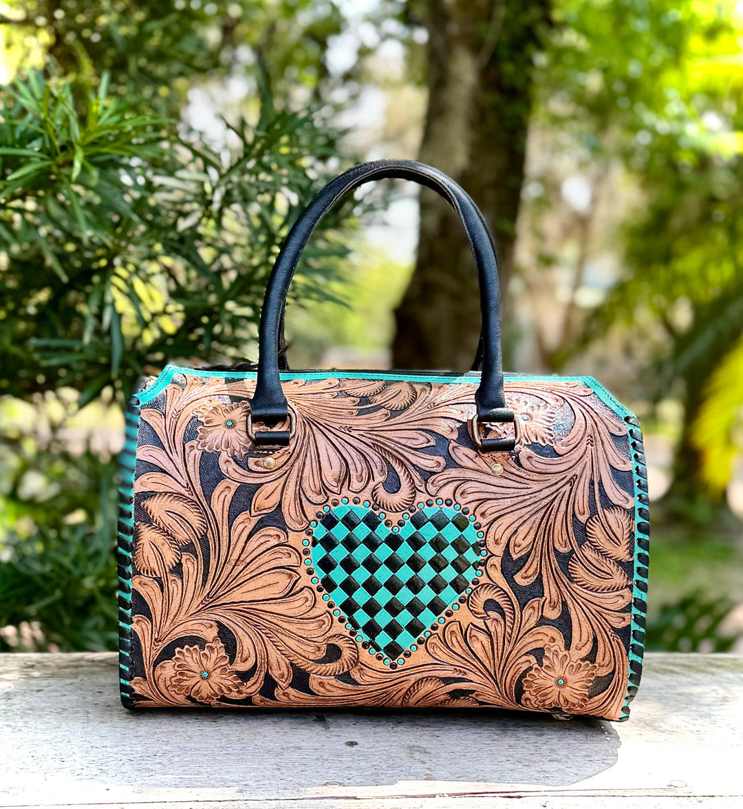 Tooled Leather Turquoise Black Checkered Heart Speedy Bag Neon Spur