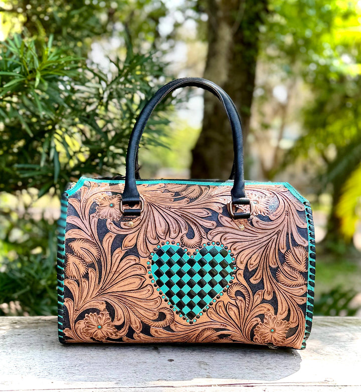 Tooled Leather Turquoise Black Checkered Heart Speedy Bag Neon Spur