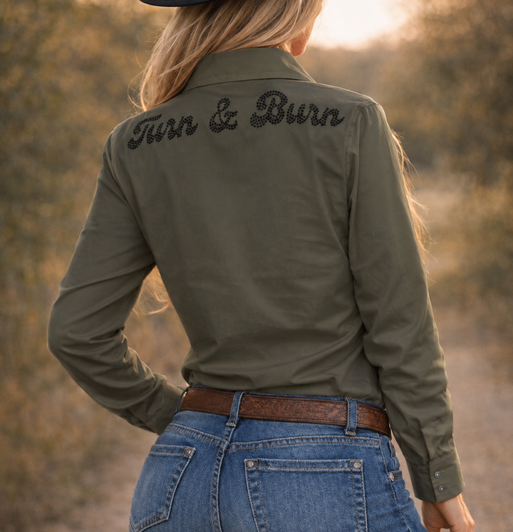 Black Crystal Turn & Burn Button-Up Rodeo Shirt -Olive Green