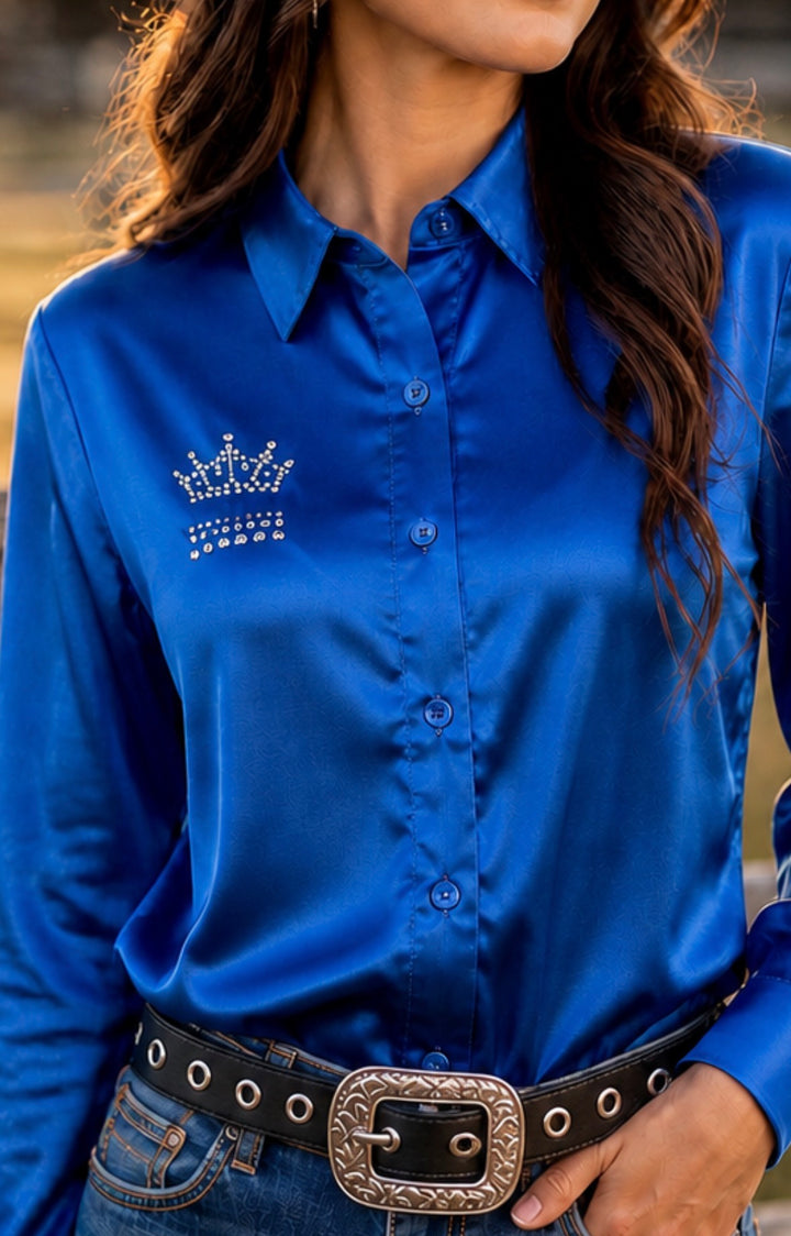 Reach For The Crown Satin Button Up Rodeo Shirt Blouse
