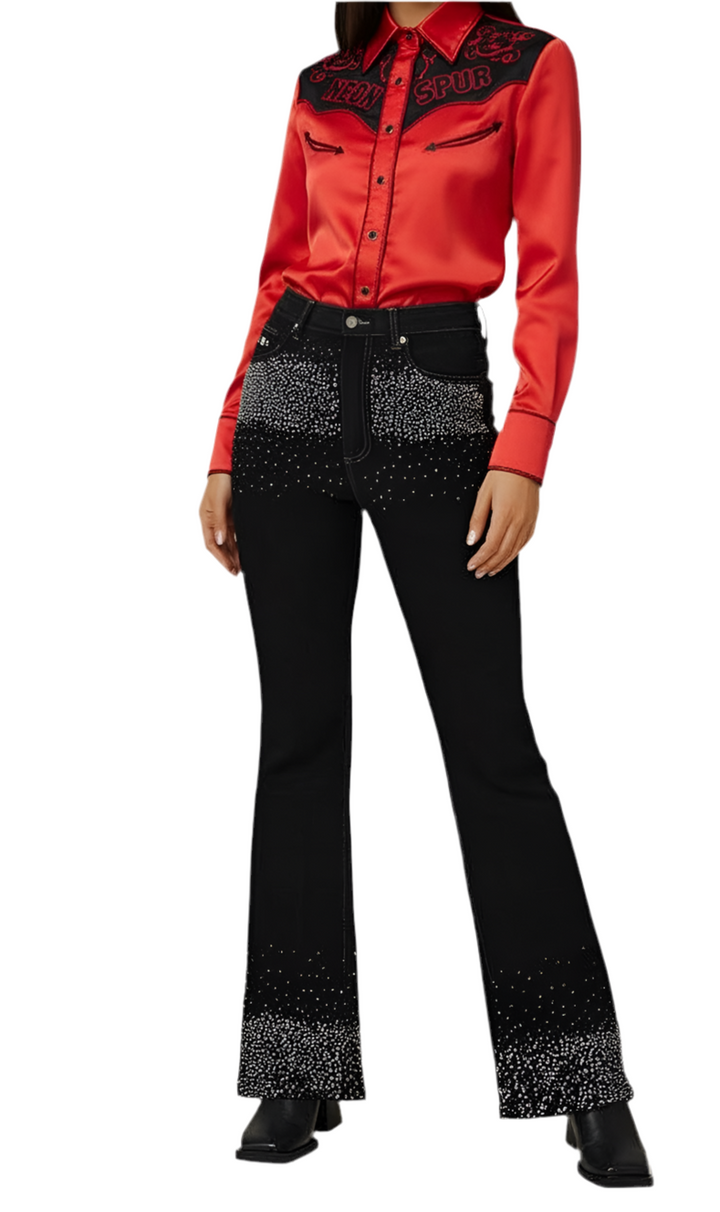 Rhinestone Boot Cut Jean in Black Denim