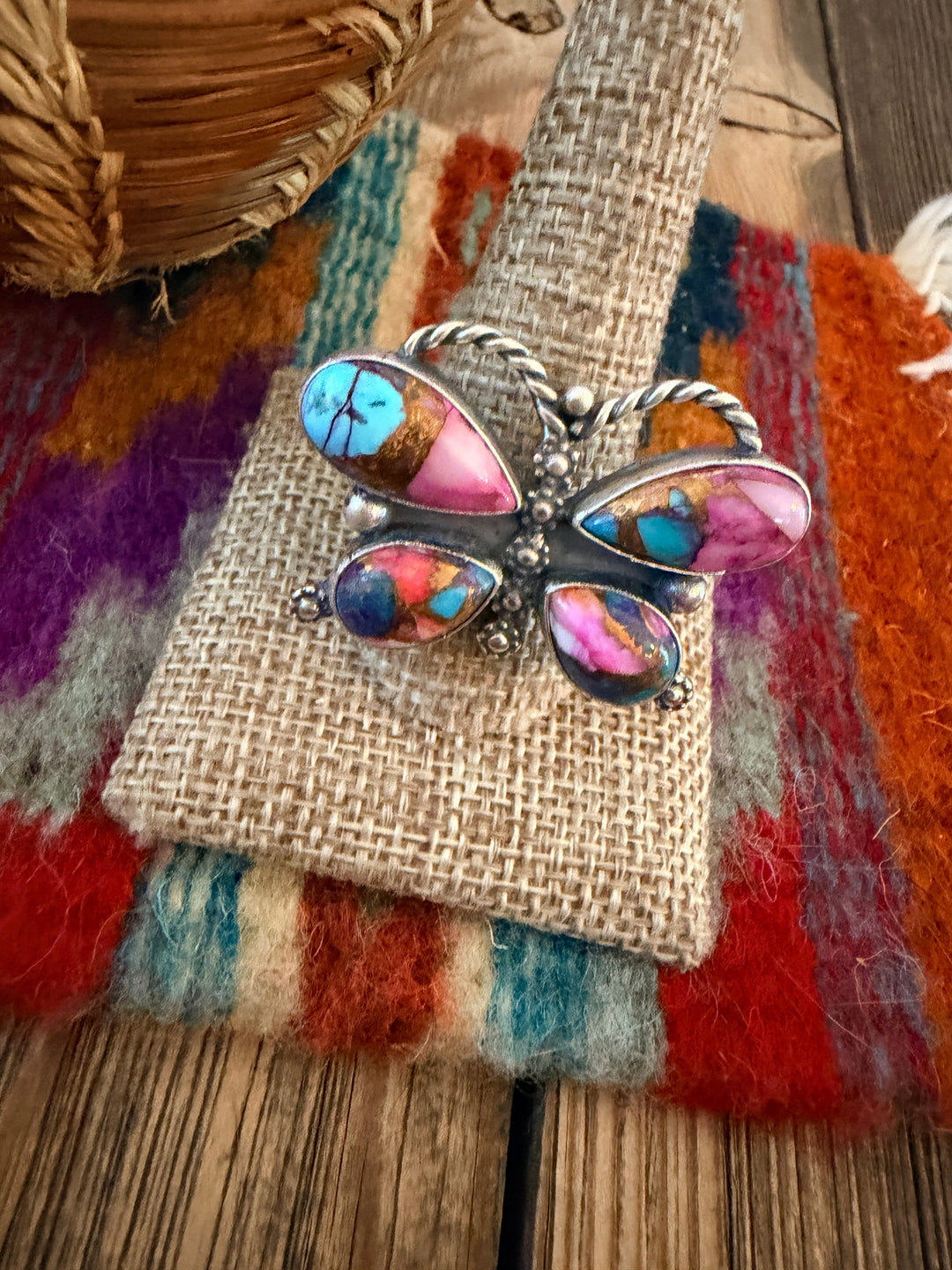 Handcrafted Pink Dream Mojave & Sterling Silver Adjustable Butterfly Ring Nizhoni Traders LLC