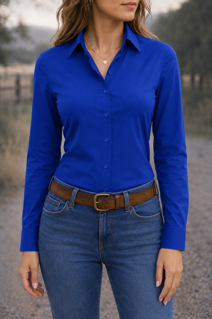 Ride Or Die Rhinestone Button Up 4 Way Stretch Rodeo Shirt -Royal Blue Neon Spur