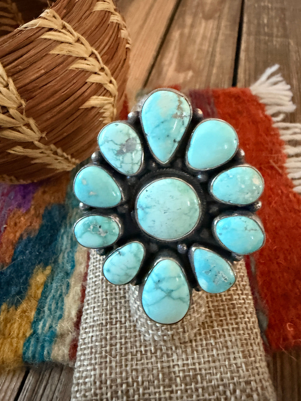 Handcrafted Carico Lake Turquoise & Sterling Silver Cluster Ring -Size 8.75 by Sheila Becenti Nizhoni Traders LLC