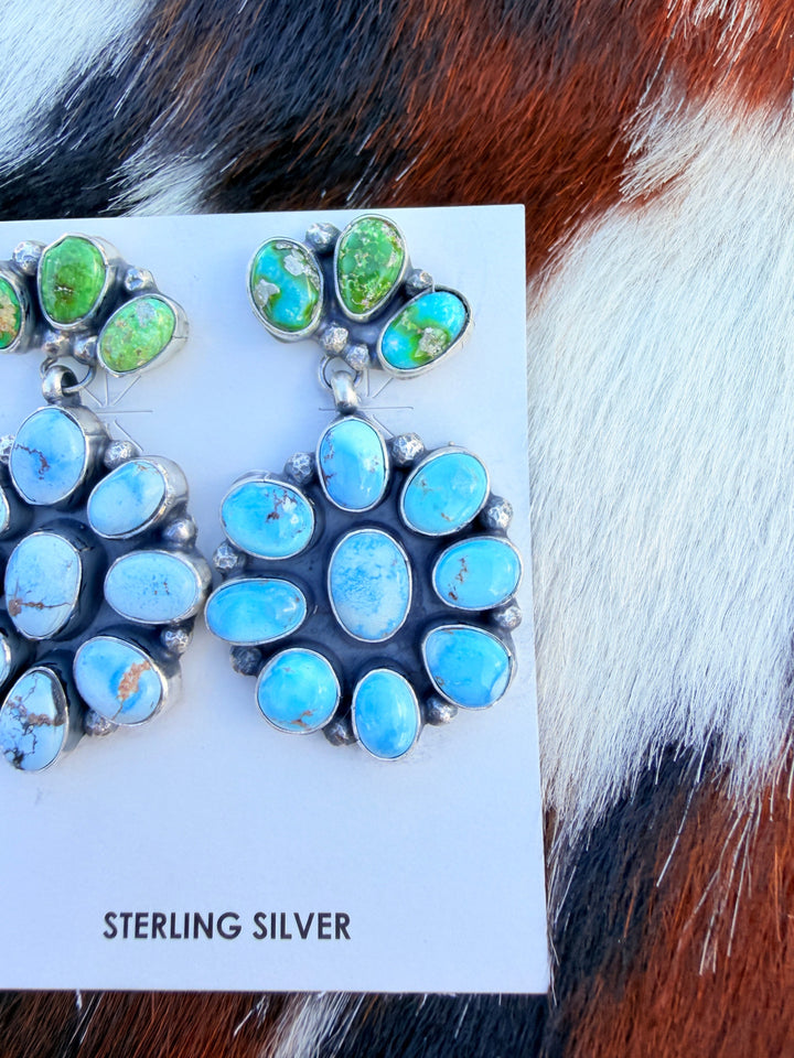 Handcrafted Multi Turquoise & Sterling Silver Cluster Dangle Earrings Nizhoni Traders LLC