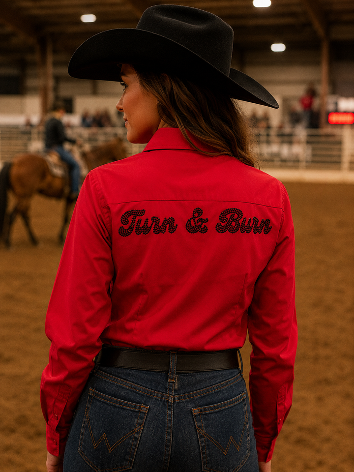 Black Crystal Turn & Burn Classic Fit Button-Up Rodeo Shirt -Red Neon Spur